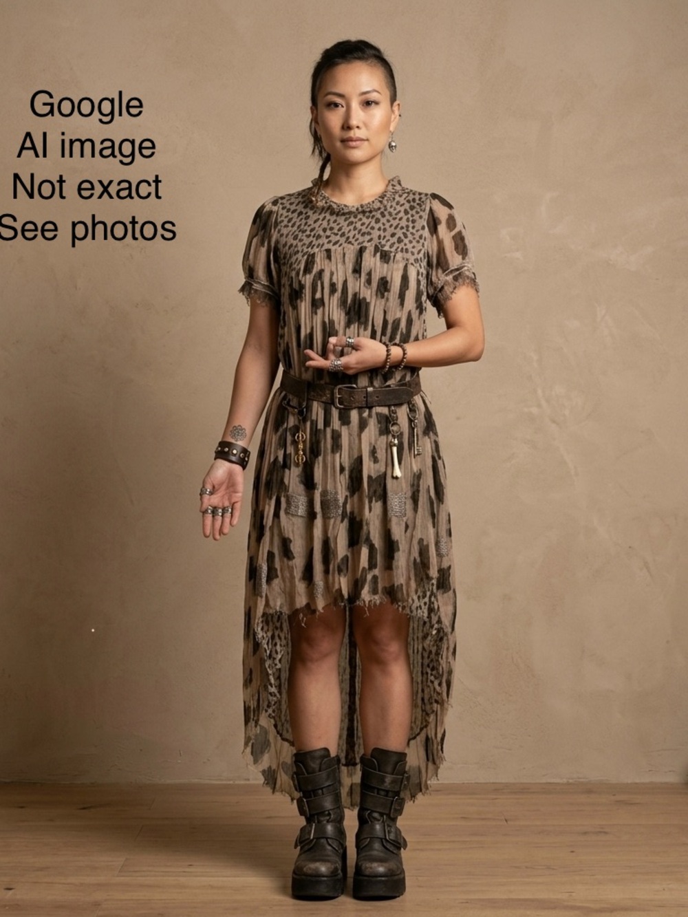 Leopard Print High-Low Tunic Dress in Taupe and Brown/Black Silk with appliqué